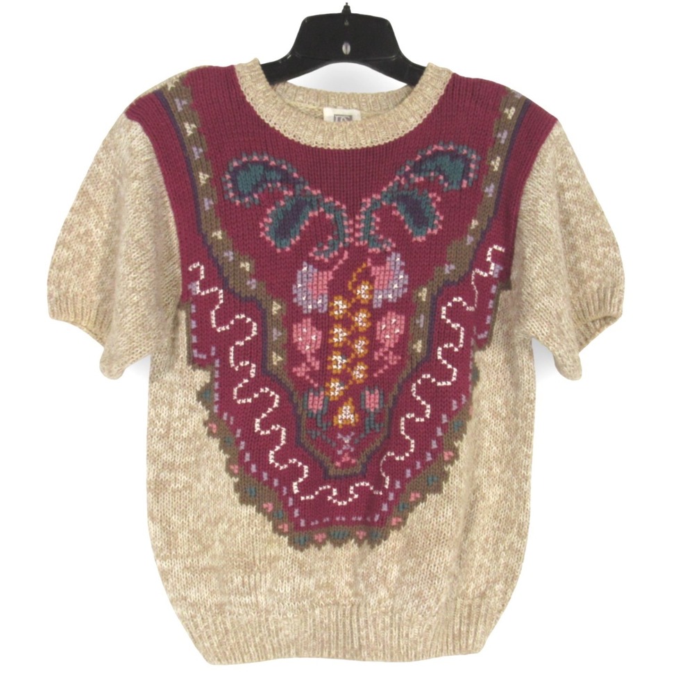 VTG 80' PS SPORT Beige PAISLEY DESIGN Short Sleeve COTTAGECORE Knit SWEATER Sz S
